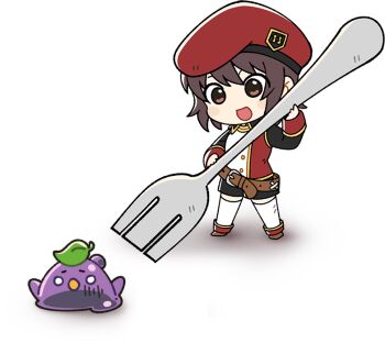 1girl :d artist_request belt belt_buckle beret black_shorts black_sleeves brown_belt brown_eyes brown_hair brown_shoes buckle buttons chibi chibi_only emblem flat_color gold_buttons hat holding holding_spork ispin_charles jacket jellyppi leaf legs_apart loose_belt medium_hair multicolored_jacket nexon no_nose official_art open_mouth oversized_object red_hat red_jacket second-party_source shoes shorts sidelighting sleeve_cuffs slime_(creature) smile spork standing tales_weaver thighhighs two-tone_jacket white_eyes white_jacket white_thighhighs wing_collar