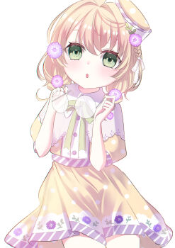 1girl absurdres blush braid brown_hair collared_shirt cowboy_shot floral_print floral_print_skirt flower glasses green_eyes green_ribbon grey-framed_eyewear hair_flower hair_ornament hair_over_shoulder hair_ribbon half_crown_braid hat highres holding holding_removed_eyewear long_hair looking_at_viewer low_twin_braids mini_hat miniskirt neck_ribbon nijisanji parted_lips polka_dot polka_dot_shirt polka_dot_skirt print_skirt puffy_short_sleeves puffy_sleeves purple_flower ramusika ribbon round_eyewear shirt short_sleeves simple_background single_hair_intake skirt solo standing tilted_headwear twin_braids unworn_eyewear virtual_youtuber white_background white_ribbon yaguruma_rine yaguruma_rine_(1st_costume) yellow_shirt yellow_skirt