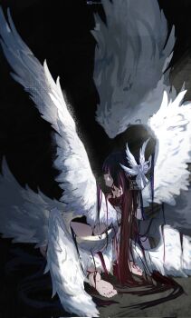 1girl black_hair closed_eyes closed_mouth columbina_(genshin_impact) completely_nude feathered_wings from_behind genshin_impact hand_in_own_hair head_wings highres long_hair multiple_wings nude purple_hair ryrmcher sitting solo very_long_hair wariza white_wings wings