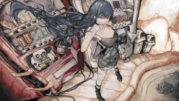 Rule 34 | 1girl, 25dpz, bandaged arm, bandages, black choker, black dress, black hair, blood, boots, can, choker, closed mouth, commentary request, dress, drink can, fishnets, floating hair, full body, hair between eyes, highres, holding, holding can, leg wrap, looking at viewer, original, red eyes, shoulder tattoo, skull, soda can, solo, standing, tattoo, trash bag, trash can, vending machine, wiping blood
