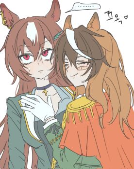 ... 2girls 7715umamu animal_ears bags_under_eyes black_choker black_shirt blazer blush_stickers brown_hair cape choker closed_eyes closed_mouth collared_jacket commentary_request contrast_lapels cross cross_choker ear_ornament epaulettes eyelashes flat_color frown gloom_(expression) gloves green_jacket grey_jacket hair_between_eyes happy heart highres horse_ears horse_girl jacket korean_commentary korean_text lapels layered_sleeves lips long_hair long_hair_between_eyes long_sleeves looking_up military_uniform multicolored_hair multiple_girls nervous nervous_sweating open_clothes open_jacket peaked_lapels pointy_nose red_cape red_eyes shirt simple_background single_blush_sticker sirius_symboli_(feroce)_(umamusume) sirius_symboli_(umamusume) smile speech_bubble spoken_ellipsis streaked_hair sweat symboli_rudolf_(emperor's_path)_(umamusume) symboli_rudolf_(umamusume) translation_request umamusume upper_body wavy_hair white_background white_gloves yuri