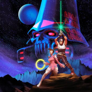 1boy 1girl armored_gloves arms_up boots breasts brown_hair chakram clothing_cutout detached_sleeves doctor_edward_bilstein energy_sword exposed_bone forehead_protector full_body highres holding holding_sword holding_weapon inset jiggeh june_lin_milliam kanzaki_hayato_(star_gladiator) knee_boots knee_pads lightsaber medium_breasts movie_poster pants parody pink_sleeves pink_thighhighs planet short_hair short_twintails shoulder_cutout sky star_(sky) star_gladiator star_wars star_wars:_a_new_hope starry_sky sword thighhighs torn_clothes torn_pants twintails weapon white_footwear