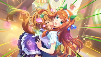 Rule 34 | 2girls, animal ears, aqua eyes, bad link, blunt bangs, brown hair, couch, cup, ear covers, hair ornament, high ponytail, highres, horse ears, horse girl, horse tail, hug, long hair, multiple girls, official art, ponytail, purple shirt, purple skirt, school uniform, shirt, silence suzuka (umamusume), skirt, smile, star (symbol), star hair ornament, taiki shuttle (umamusume), tail, tracen school uniform, umamusume