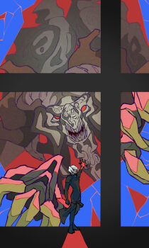 1boy 87 absurdres bahamut_(final_fantasy) bahamut_shin black_bodysuit black_gloves bodysuit broken_glass final_fantasy final_fantasy_vii final_fantasy_vii:_advent_children full_body glass gloves hair_between_eyes hand_up highres kadaj red_eyes short_hair square_enix summoning waist_cape white_hair window