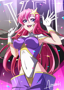 1girl amasaki_yusuke artist_name blue_eyes breasts capelet covered_navel cowboy_shot gloves gundam gundam_seed gundam_seed_destiny hair_ornament highleg highleg_leotard highres leotard long_hair looking_at_viewer medium_breasts meer_campbell multicolored_leotard open_mouth pink_hair purple_skirt skirt solo star_(symbol) star_hair_ornament teeth upper_teeth_only waving white_capelet white_gloves