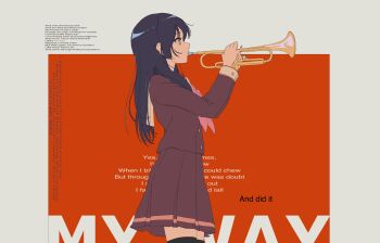 Rule 34 | 1girl, 555emauma, absurdres, black hair, black thighhighs, border, brown sailor collar, brown serafuku, brown shirt, brown skirt, commentary, cowboy shot, english text, from side, hibike! euphonium, highres, holding, holding instrument, holding trumpet, instrument, kitauji high school uniform, kousaka reina, long hair, long sleeves, music, neckerchief, pink neckerchief, playing instrument, pleated skirt, profile, purple eyes, sailor collar, school uniform, serafuku, shirt, skirt, solo, standing, symbol-only commentary, thighhighs, trumpet, white border
