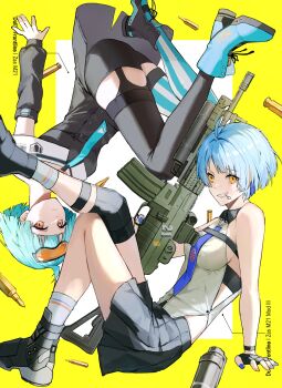 Rule 34 | 2girls, absurdres, ahoge, ammunition, aqua boots, aqua hair, aqua thighhighs, assault rifle, black boots, black thighhighs, blue hair, blue nails, boots, breasts, character name, closed mouth, copyright name, dual persona, english text, eyewear on head, finger on trigger, girls' frontline, goggles, goggles on head, grenade launcher, grenade pin in mouth, gun, harafrontline, highres, holding, holding gun, holding weapon, kalashnikov rifle, looking at viewer, mismatched thighhighs, multicolored hair, multicolored nails, multiple girls, orange eyes, orange hair, orange nails, parted lips, rifle, rifle cartridge, short hair, simple background, smile, socks, streaked hair, striped clothes, striped thighhighs, thighhighs, two-tone background, two-tone thighhighs, underbarrel grenade launcher, vertical-striped clothes, vertical-striped thighhighs, weapon, white background, white socks, white thighhighs, yellow background, zas m21 (girls' frontline), zas m21 (mod3) (girls' frontline), zastava m21