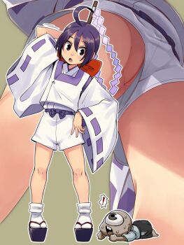 1boy 1girl arm_behind_head bakumatsu_rouman bald blush bow buck_teeth caught cleft_of_venus clog_sandals clogs clothing_aside ! eyeball fang gohei grin hand_gesture ichijou_akari japanese_clothes kimono large_bow loli looking_down lying monster on_stomach one-eyed open_mouth peeking pervert platform_clogs platform_footwear purple_eyes purple_hair pussy red_bow ribbon-trimmed_sleeves ribbon_trim shorts smile snk socks staff standing stupa13a surprised sweat sweatdrop tabi teeth tongue uncensored upshorts white_shorts