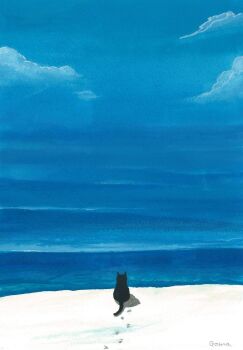 beach black_cat blue_sky cat commentary_request day footprints goma_ramen_(gomaramen888) highres no_humans ocean original outdoors sand sky