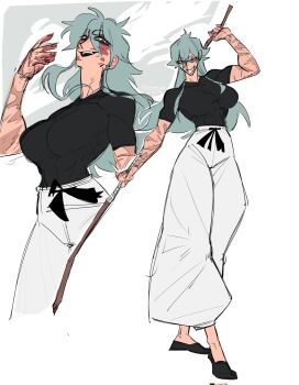 1girl 2024 abs baggy_pants black_shirt black_shoes blue_eyes breasts burn_scar close-up collarbone commentary crossed_legs dated english_commentary female_focus flats full_body green_hair grin hair_between_eyes hand_up highres holding holding_staff holding_weapon jashaya_(shisuyami_nee) large_breasts long_hair looking_at_viewer original pants scar scar_on_arm shirt shisuyami_nee shoes short_sleeves simple_background smile staff standing teeth upper_teeth_only weapon white_background white_pants