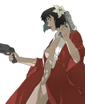 1girl aizheajsee black_hair breasts coat dual_wielding flower from_side ghost_in_the_shell gun hair_flower hair_ornament highres holding holding_gun holding_weapon kusanagi_motoko looking_to_the_side medium_breasts navel nude open_clothes open_coat red_coat short_hair simple_background solo weapon white_background