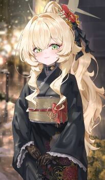 1girl absurdres alternate_costume black_gloves black_kimono blonde_hair blue_archive blurry blurry_background blush closed_mouth commentary_request flower gloves green_eyes hair_flower hair_ornament halo highres japanese_clothes kimono long_sleeves looking_at_viewer nekoplanetouo oni outdoors professor_niyaniya_(blue_archive) red_flower sidelocks smile solo yellow_halo