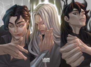 1girl 2boys :p aegyo_sal black_eyes black_hair black_shirt black_tunic clenched_teeth collared_shirt column_lineup commentary domain_expansion english_commentary grey_eyes highres jujutsu_kaisen leunsensei long_hair mordret_(shadow_slave) multiple_boys nephis_(shadow_slave) parody parted_lips robe scene_reference serious shadow_slave shirt sunny_(shadow_slave) teeth tongue tongue_out tunic upper_body white_hair white_robe