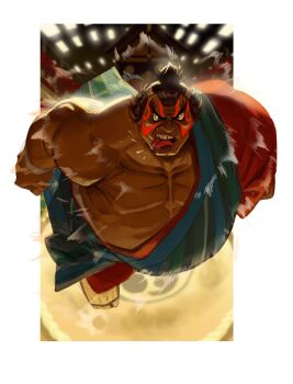 Rule 34 | 1boy, a tai, absurdres, border, e. honda, facial mark, fat, fat man, flying spittle, full body, furrowed brow, headbutt, highres, jumping, male focus, midair, motion lines, muscular, muscular male, open mouth, pectorals, plump, saliva, sandals, single bare shoulder, solo, street fighter, street fighter 6, sumo, tongue, tongue out, topknot, white border