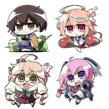 10s 4girls akaneya bad_id bad_pixiv_id black_legwear brown_eyes brown_hair chibi dress female_focus full_body i-58_(kancolle) japanese_clothes kaga_(kancolle) kantai_collection makigumo_(kancolle) multiple_girls nenohi_(kancolle) pantyhose personification pink_hair pleated_skirt purple_eyes sailor_dress school_uniform serafuku side_ponytail simple_background skirt thighhighs white_background