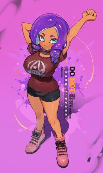 1girl arms_behind_head artist_name blue_eyes breasts commentary dark-skinned_female dark_skin drill_hair full_body highres inkling inkling_girl inkling_player_character jinkoika large_breasts looking_at_viewer nintendo pink_shoes purple_background purple_hair shirt shoes short_sleeves shorts smile solo splatoon_(series) stretching symbol-only_commentary t-shirt tentacle_hair twitter_username watermark