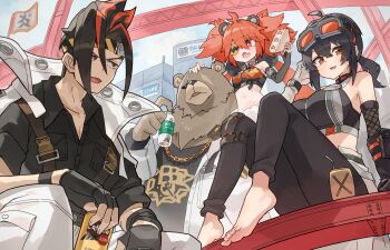 2boys 2girls :d :o absurdres ahoge anton_ivanov bare_shoulders bear_boy ben_bigger black_hair bottle bright_pupils can crop_top fang feet food furry furry_male goggles goggles_on_head grace_howard highres holding holding_bottle holding_can holding_food holding_sandwich katsu_(katsupainter) koleda_belobog long_hair looking_at_another looking_at_viewer multicolored_hair multiple_boys multiple_girls navel open_mouth ponytail red_eyes red_hair sandwich scar scar_across_eye scar_on_face short_hair sitting_on_shoulder skin_fang smile streaked_hair white_pupils zenless_zone_zero