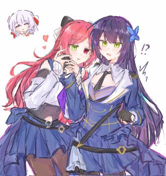 !? 3girls ^^^ ^_^ anger_vein assault_lily black_gloves black_necktie black_pantyhose black_shirt blue_jacket blue_sailor_collar blue_skirt brown_pantyhose bukejie butterfly_hair_ornament chibi chibi_inset chinese_commentary closed_eyes closed_mouth clothing_cutout commentary_request cowboy_shot crop_top detached_collar detached_sleeves epaulettes false_smile fingerless_gloves flower funada_kiito funada_ui gloves green_eyes grey_hair hair_flower hair_ornament half_gloves hand_on_another&#039;s_cheek hand_on_another&#039;s_face hand_on_another&#039;s_hand heads_together heart heterochromia highres jacket layered_sleeves long_hair long_sleeves looking_at_another miniskirt multiple_girls navel navel_cutout neckerchief necktie odaiba_girls_high_school_uniform pantyhose parted_bangs parted_lips pink_flower pointy_hair purple_hair purple_neckerchief raised_eyebrows red_eyes red_hair red_ribbon ribbon sailor_collar school_uniform serafuku shiba_tomoshibi shirt siblings sisters skirt sleeveless sleeveless_shirt smile standing sweatdrop undershirt very_long_hair waist_cape white_ribbon yuri