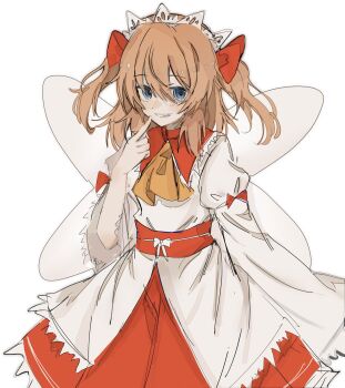 Rule 34 | 1girl, ascot, blonde hair, blue eyes, bow, dress, ebuna, fairy, fairy wings, grin, hair bow, headdress, highres, long hair, long sleeves, looking at viewer, pointing, pointing at self, red bow, red skirt, simple background, skirt, smile, solo, sunny milk, touhou, two side up, white background, white dress, wide sleeves, wings, yellow ascot