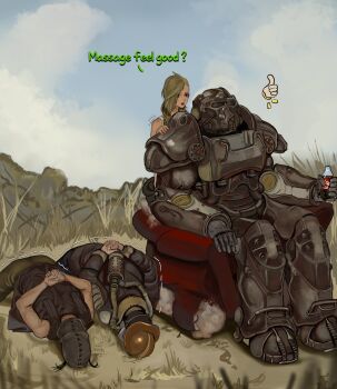 Rule 34 | 1girl, 3boys, ?, absurdres, armor, blonde hair, cloud, cloudy sky, cola, commentary, couch, english commentary, english text, expressionless, fallout, grass, highres, implied after fight, kkghost tv, long hair, mask, massage, morning, multiple boys, nuka-cola, outdoors, post-apocalypse, power armor, power armor (fallout), punishment, raider (fallout), scar, shoulder massage, sky, soda, tall grass, thumbs up, tomboy, trembling