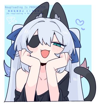 1boy :3 :d animal_ear_fluff animal_ears black_shirt blue_background blue_bow blue_eyes blush border bow cat_boy cat_ears cat_tail collarbone commentary eyepatch fangs flipped_hair grey_tail hair_between_eyes hair_bow hair_intakes hands_up head_rest heart highres long_hair long_sleeves looking_at_viewer male_focus narrowed_eyes no_nose op_na_yarou open_mouth original oversized_clothes raised_eyebrows rigel_(op_na_yarou) shirt sidelocks simple_background single_bare_shoulder single_off_shoulder smile solo straight_hair tail trap twintails upper_body watermark white_border white_hair
