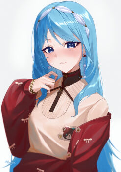 1girl black_shirt blue_eyes blue_hair bracelet brown_sweater cardigan commentary earrings hairband hand_up highres hololive hoshimachi_suisei hoshimachi_suisei_(micomet) jewelry long_hair looking_at_viewer off_shoulder official_alternate_costume official_alternate_hairstyle parted_lips pom_pom_(clothes) pom_pom_earrings quarter-zip raeis red_cardigan shirt simple_background solo star_(symbol) star_in_eye sweater swept_bangs symbol_in_eye upper_body very_long_hair virtual_youtuber white_background white_hairband