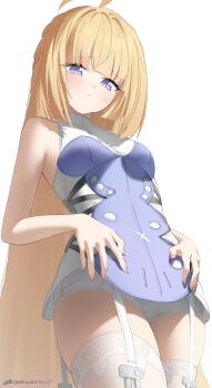 Rule 34 | 1girl, absurdres, ahoge, bare shoulders, blonde hair, blue jacket, breasts, closed mouth, commentary, cowboy shot, cryne, from below, highres, jacket, long hair, looking at viewer, norma hollowell, purple eyes, simple background, sleeveless, sleeveless jacket, small breasts, solo, thighhighs, very long hair, white background, white thighhighs, zenless zone zero