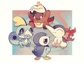 akadako blue_eyes border closed_eyes closed_mouth commentary_request cyndaquil fire fuecoco full_body gen_2_pokemon gen_4_pokemon gen_8_pokemon happy laughing nintendo no_humans open_mouth piplup pokemon pokemon_(creature) smug sobble white_border