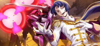 arnold_renck ascot blue_hair code_geass code_geass:_dakkan_no_roze code_geass:_lost_stories epaulettes f4samurai gloves highres jacket knightmare_frame long_hair mecha military_uniform official_art open_mouth orange_eyes robot smile teeth white_ascot white_gloves white_jacket