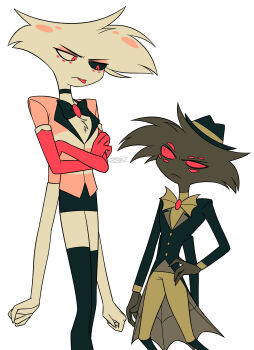 2boys :p absurdres angel_dust arackniss arms_at_sides black_bow black_bowtie black_choker black_coat black_eyes black_fur black_hat black_sclera black_skirt black_thighhighs bow bowtie brooch brothers buttons choker closed_mouth coat colored_sclera commentary_request crossed_arms elbow_gloves extra_arms extra_eyes eye_contact eyeshadow facial_mark fedora feet_out_of_frame fewer_digits flat_color frown furry furry_male gloves hand_on_own_hip hat hazbin_hotel height_difference hellaverse highres jewelry lapels looking_at_another looking_down looking_up makeup male_focus menma_(enaic31) miniskirt mismatched_sclera multiple_boys orange_eyeshadow orange_shirt pants pencil_skirt red_eyes red_gloves red_sclera shirt siblings signature simple_background skirt spider_web_print standing striped_clothes striped_shirt thighhighs tongue tongue_out traditional_bowtie turtleneck turtleneck_shirt two-tone_shirt v-shaped_eyebrows white_background white_bow white_bowtie white_fur white_gloves white_pants white_shirt zettai_ryouiki