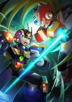 Rule 34 | 2boys, android, arm cannon, armor, battle, blonde hair, blue armor, blue eyes, blue footwear, blue helmet, boots, energy gun, energy sword, green eyes, helmet, highres, long hair, male focus, mega man (series), mega man x (series), multiple boys, no-rishio, powering up, red armor, red footwear, red helmet, shoulder armor, sword, tears, ultimate armor x (mega man), weapon, x (mega man), arm cannon, z saber, zero (mega man)