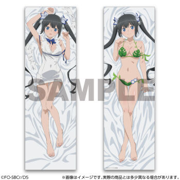 1girl bare_legs bare_shoulders barefoot bed_sheet bikini black_hair blue_eyes blue_neckerchief blush breasts cleavage closed_mouth collarbone dakimakura_(medium) dress dungeon_ni_deai_wo_motomeru_no_wa_machigatteiru_darou_ka english_text feet female_focus full_body gloves grass green_bikini hestia_(danmachi) highres japanese_text large_breasts leaf leaf_bikini legs long_hair looking_at_viewer lying midriff miniskirt navel neckerchief nose_blush on_back open_mouth pencil_skirt sexually_suggestive skirt sleeveless sleeveless_dress smile solo solo_focus stomach swimsuit thighs tight_clothes tight_dress tight_skirt toes translation_request twintails very_long_hair white_dress white_gloves white_sheet white_skirt