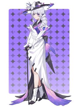 1girl ailinzi black_gloves boots bow closed_mouth dress drill drill_hair drill_sidelocks full_body gloves grey_hair hat hat_bow high_heel_boots high_heels highres long_hair long_sleeves looking_at_viewer original personification purple_background purple_eyes sidelocks smile solo standing white_bow white_dress white_hair witch_hat