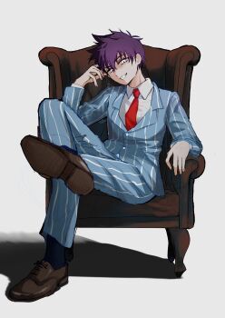 Rule 34 | 1boy, antenna hair, arm rest, artist name, black socks, blue jacket, blue pants, bossman hero, brown shoes, buttons, collared shirt, couch, crossed legs, fingernails, full body, grey background, hair behind ear, hair between eyes, hand up, hashtag-only commentary, hero (headspace) (omori), hero (omori), highres, jacket, knee up, layered sleeves, long sleeves, looking at viewer, male focus, necktie, official alternate eye color, omori, on couch, pants, pinstripe jacket, pinstripe pants, pinstripe pattern, purple hair, rami 1300, red necktie, shadow, shirt, shoes, short hair, simple background, sitting, slit pupils, socks, solo, very short hair, white eyes, white shirt