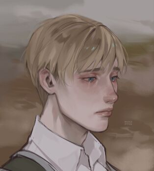 1boy armin_arlert blonde_hair blue_eyes closed_mouth collared_shirt commentary eyelashes highres lips male_focus musapylsa portrait shingeki_no_kyojin shirt solo white_shirt