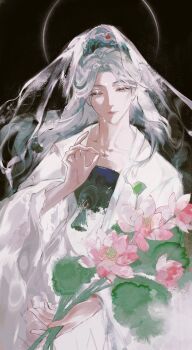 1girl absurdres alternate_costume black_background chinese_clothes chinese_commentary closed_eyes collarbone commentary_request dakai_sila dress du_ruo_(path_to_nowhere) facial_mark flower forehead forehead_mark guanyin hair_bun half_updo halo halo_behind_head hanfu highres holding holding_flower lotus lotus_leaf lotus_pod mudra parted_bangs path_to_nowhere qixiong_ruqun sidelocks_tied_back smile solo tears tears_from_one_eye upper_body white_dress