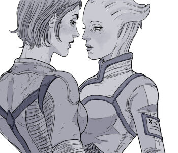 2girls alien asari_(mass_effect) commander_shepard commander_shepard_(female) greyscale liara_t&#039;soni looking_at_another marceline2174 mass_effect_(series) monochrome multiple_girls short_hair upper_body