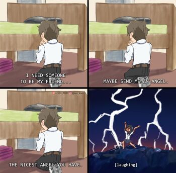 1boy 1girl 4koma black_hair black_pants blue_skirt brown_hair comic english_text hachiouji_naoto highres ijiranaide_nagatoro-san lightning lilo_&amp;_stitch nagatoro_hayase ore_not pants parody pleated_skirt praying school_uniform shirt skirt tan white_shirt