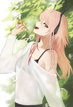 Rule 34 | 1girl, absurdres, alternate costume, black bra, blonde hair, bra, commentary, girls' frontline, headgear, highres, holding, kir (khw66136132), looking at viewer, m4 sopmod ii (girls' frontline), multicolored hair, open mouth, red eyes, red hair, see-through clothes, see-through shirt, shirt, sideways glance, single off shoulder, smile, soap bubbles, solo, streaked hair, teeth, two-tone hair, underwear, upper body, upper teeth only, white shirt