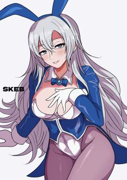 1girl animal_ears blush breasts commission duel_monster fake_animal_ears gloves grey_background grey_hair hair_between_eyes highres long_hair looking_at_viewer pantyhose parted_lips rabbit_ears silent_magician simple_background skeb_commission tailcoat_playboy_bunny wadatsumi_(sense11531153) white_gloves yu-gi-oh!