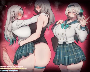 1futa 1girl \||/ aqua_bow armpit_crease arms_around_neck bare_shoulders black_hairband black_ribbon black_tank_top blue_eyes blush bottomless bow breast_press breasts bright_pupils buttons censored cervix closed_mouth commentary_request cross-section deep_penetration double-breasted double-parted_bangs firefly_(honkai:_star_rail) firefly_(spring_missive)_(honkai:_star_rail) futa_with_female futanari gradient_eyes green_sailor_collar green_skirt grey_hair hair_between_eyes hair_ribbon hairband hand_on_another&#039;s_waist hand_up heart highres honkai:_star_rail honkai_(series) hug large_breasts large_penis long_hair long_sleeves looking_at_viewer miniskirt mosaic_censoring multicolored_eyes multiple_views official_alternate_costume open_hand penis pink_eyes plaid_clothes plaid_skirt red_background ribbon rikuguma sailor_collar school_uniform serafuku sex shirt skindentation skirt smile standing standing_sex steam stelle_(honkai:_star_rail) sweat tank_top thigh_strap thighhighs trailblazer_(honkai:_star_rail) two-tone_skirt uterus vaginal veins veiny_penis waving white_hair white_pupils white_shirt white_thighhighs