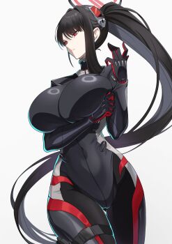 Rule 34 | 1girl, adjusting sleeves, black bodysuit, black gloves, black hair, black halo, blue archive, bodysuit, breasts, bright pupils, cameltoe, commentary request, covered navel, gloves, hair ornament, halo, highres, huge breasts, long hair, multicolored gloves, multicolored halo, ponytail, red eyes, red gloves, red halo, rio (armed) (blue archive), rio (blue archive), solo, suigetu26, two-tone gloves, two-tone halo, very long hair, white pupils