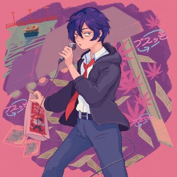 1boy belt black_belt blue_hair blue_pants boat commentary_request feet_out_of_frame freckles highres holding holding_microphone kohakodamanoko kuji_toi leaf male_focus maple_leaf microphone money necktie pants parted_lips red_necktie ruler sarazanmai short_hair solo watercraft