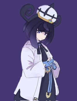 1girl black_dress black_hair blunt_bangs closed_mouth coat dress gloves gradient_hair gwynn_(pokemon) hat highres long_sleeves multicolored_hair nintendo oakaki000 open_clothes open_coat partially_fingerless_gloves pokemon pokemon_legends:_z-a purple_eyes purple_hair short_hair solo white_coat