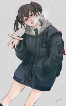 Rule 34 | 1girl, black hair, blush, breath, brown eyes, feet out of frame, green necktie, grey background, hand in pocket, highres, idolmaster, idolmaster cinderella girls, jacket, looking at viewer, mask, mouth mask, necktie, open mouth, shirt, solo, sunazuka akira, twintails, ura (uuuuuraaaaa2), white shirt, winter