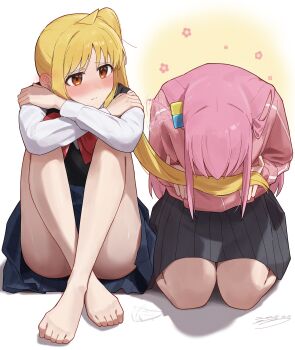 2girls absurdres ahoge bare_legs barefoot black_skirt blue_skirt blush bocchi_the_rock! bow bowtie closed_mouth commentary_request crossdressing cube_hair_ornament full_body gotoh_hitori hair_ornament highres holding_another&#039;s_hair ijichi_nijika jacket knees_up long_hair multiple_girls one_side_up pink_hair pink_jacket pleated_skirt red_bow red_bowtie red_eyes seisyuntarotto shirt side_ponytail sitting skirt white_shirt