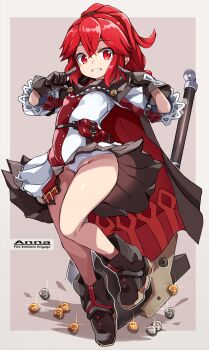 1girl absurdres anna_(fire_emblem) bare_legs boots breasts brown_background brown_boots brown_cape brown_gloves brown_skirt cameltoe cape character_name commentary_request copyright_name crossed_bangs fire_emblem fire_emblem_engage full_body gloves grin highres karukan_(monjya) long_hair looking_at_viewer nintendo panties pantyshot pointing pointing_at_self red_eyes red_hair red_shirt shirt skirt small_breasts smile solo standing standing_on_one_leg two-sided_cape two-sided_fabric two-tone_shirt underwear upskirt white_panties white_shirt