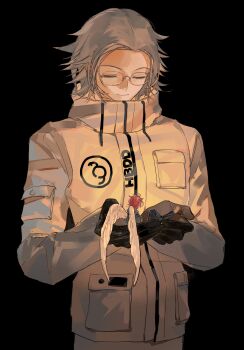 2boys absurdres ahoge angel angel_wings aotsuki_eito black_background black_gloves breast_pocket closed_eyes commentary english_commentary facing_away feathered_wings front_zipper glasses gloves grey_hair highres holding holding_mini_person jacket lbhzp light_smile male_focus mini_person miniboy multiple_boys pocket red_hair short_hair sitting sumino_takumi the_hundred_line_-last_defense_academy- upper_body white_jacket white_wings wings