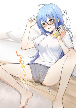 Rule 34 | 1girl, absurdres, ahoge, barefoot, blue hair, blush, breasts, brown eyes, can, choppy bangs, commentary request, covered erect nipples, drink can, full body, grey shorts, hands up, highres, holding, holding can, large breasts, long hair, micro shorts, minami (minami omo), navel, no bra, on floor, original, parted lips, pee, peeing, peeing self, puddle, shirt, short sleeves, shorts, sitting, solo, sound effects, spread legs, strong zero, t-shirt, translation request, white shirt