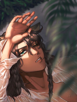 1boy animal_ears arm_up blurry blurry_foreground braid brown_eyeshadow brown_hair commentary_request dark-skinned_male dark_skin fang fang_out green_eyes hair_between_eyes highres leona_kingscholar lion_boy lion_ears lips long_hair looking_at_viewer male_focus okubatomaeba one_eye_closed parted_lips shirt slit_pupils solo twin_braids twisted_wonderland upper_body water_drop wet wet_clothes wet_shirt white_shirt